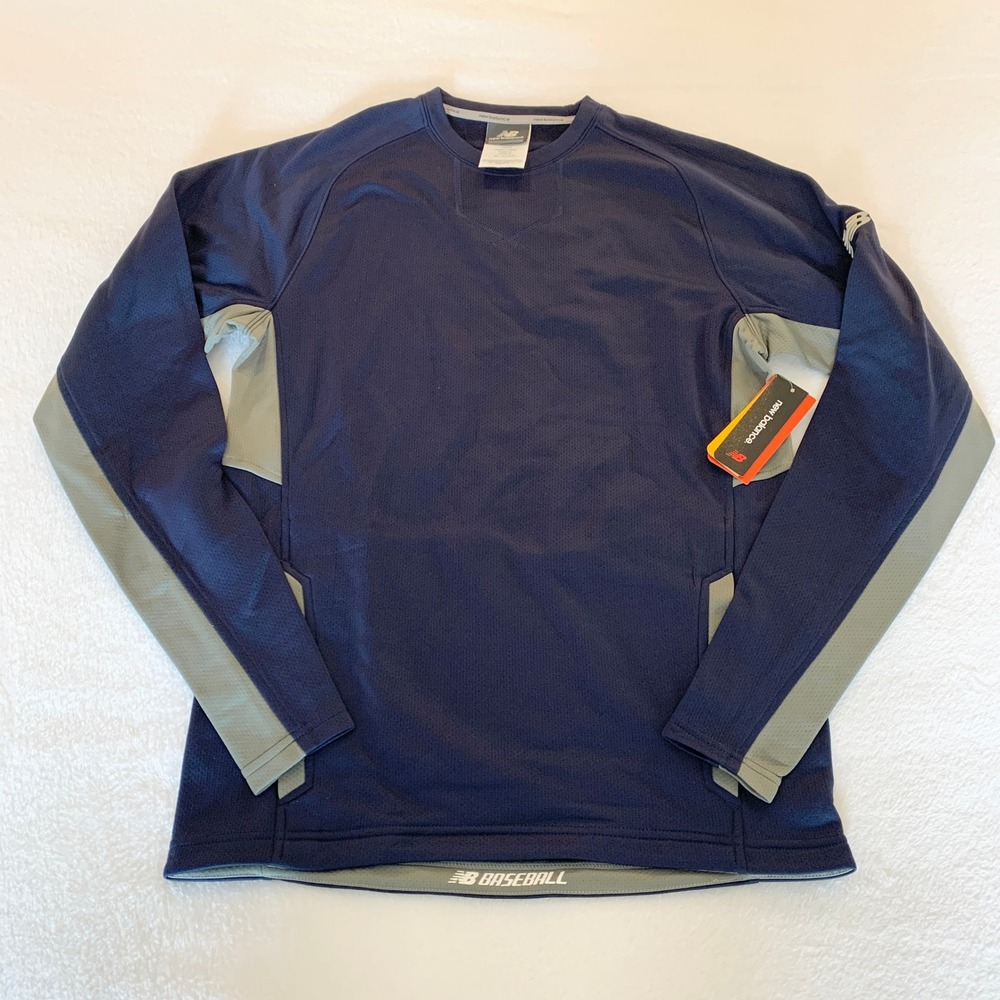 New Balance TMMT602 Baseball Pullover Mens Size S Navy Blue Gray Training Shirt